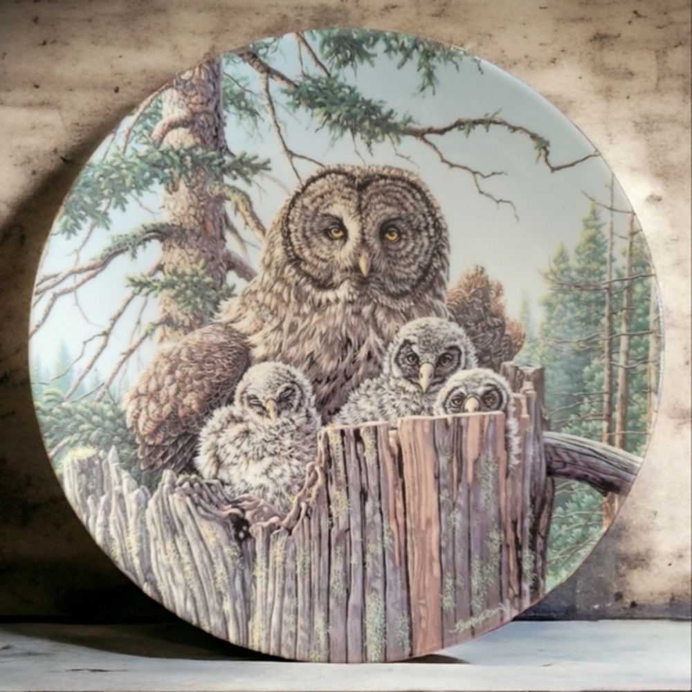 Vtg Plate Forest's Edge:Great Grey Owls 2nd Issue Under Mother's Wing #2865A